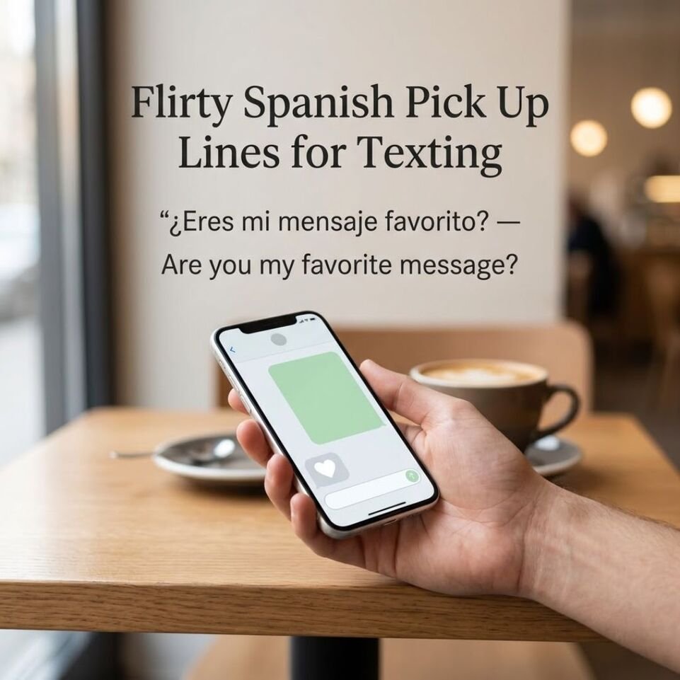 Flirty Spanish Pick Up Lines for Texting with a romantic Spanish compliment, smartphone messaging, and a cozy café setting.