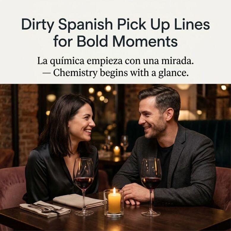 Dirty Spanish Pick Up Lines for Bold Moments featuring two adults sharing a confident, playful glance in a romantic candlelit restaurant.
