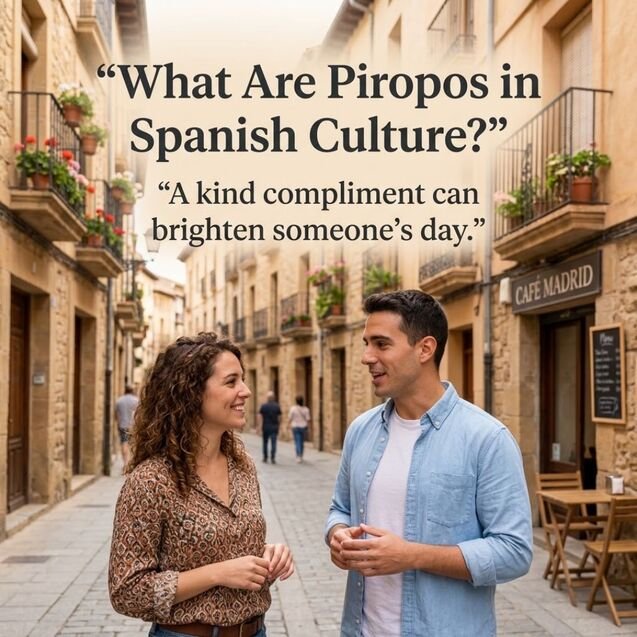 What Are Piropos in Spanish Culture? A friendly conversation on a traditional Spanish street illustrating compliments and Spanish flirting customs.