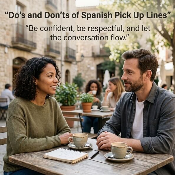Do’s and Don’ts of Spanish Pick Up Lines illustrated by two adults enjoying a respectful conversation and practicing confident, polite flirting.
