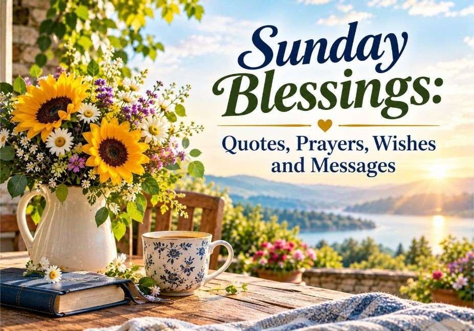 Sunday Blessings: Quotes, Prayers, Wishes and Messages featuring a vibrant sunflower bouquet, white daisies, a floral teacup, a blue journal, and a peaceful sunrise over a scenic lake.
