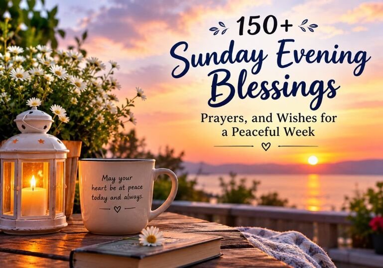 Sunday Evening Blessings: Peaceful sunset with inspirational prayers and wishes for a beautiful, blessed week ahead.