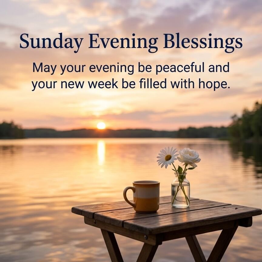 Beautiful Sunday Evening Blessings with a golden sunset, peaceful garden terrace, glowing lantern, and heartfelt prayer for love, peace, and a blessed week ahead.