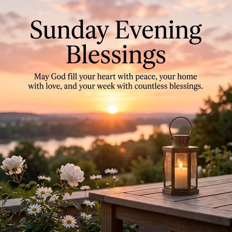 Sunday Evening Blessings featuring a peaceful lakeside sunset, warm golden reflections, and an inspirational wish for a calm evening and hopeful new week.