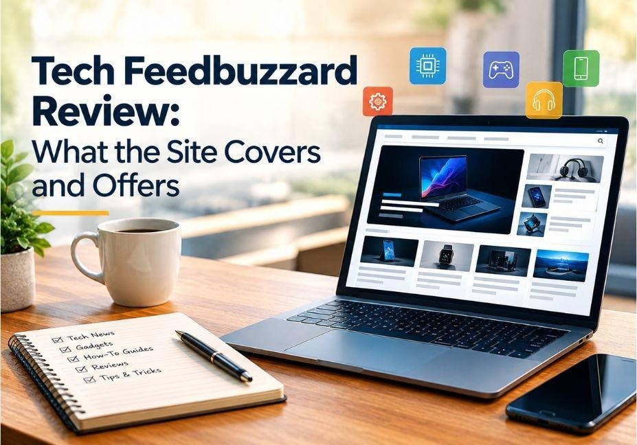 Tech Feedbuzzard review featured image showing a laptop displaying technology articles, gadgets, and product reviews on a modern workspace, illustrating what the site covers and offers.