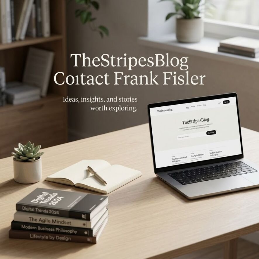 TheStripesBlog Contact Frank Fisher image showing a professional writing workspace with a laptop, notebook, and books representing technology, business, lifestyle, and digital topics.