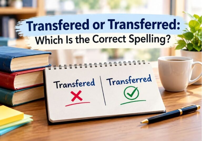 Transferred or Transferred spelling comparison with incorrect and correct spellings displayed in a notebook on a study desk.