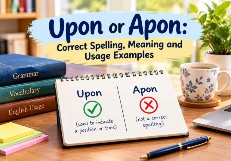 Upon or Apon spelling comparison showing the correct spelling “Upon,” with a green checkmark and “Apon” marked incorrect, alongside grammar books and a notebook on a study desk.