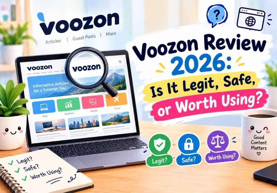 Voozon review 2026 with laptop, magnifying glass and legit, safe and worth using checklist