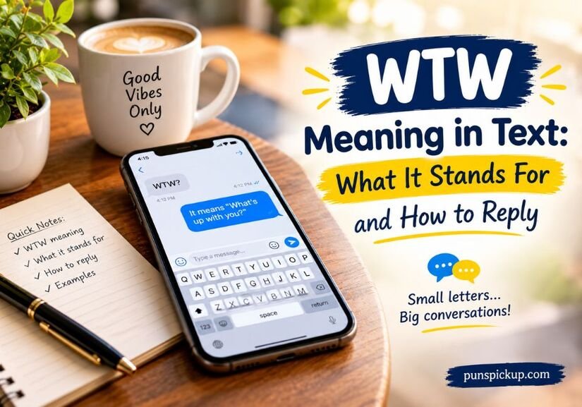 What It Stands For and How to Reply — a smartphone displaying a text conversation beside a coffee mug and notebook, illustrating the meaning of WTW and how to respond to this common texting abbreviation.