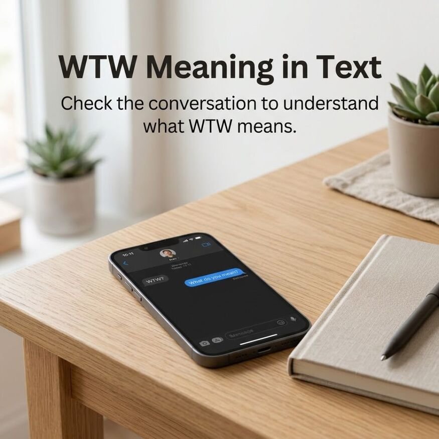 WTW Meaning in Text guide featuring a smartphone, messaging conversation, notebook, and pen to illustrate how context helps identify the intended meaning of WTW.