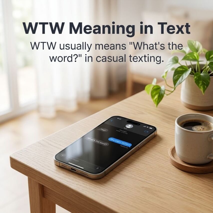 WTW Meaning in Text explained with a realistic smartphone showing a casual “WTW?” message and the common meaning “What’s the word?”