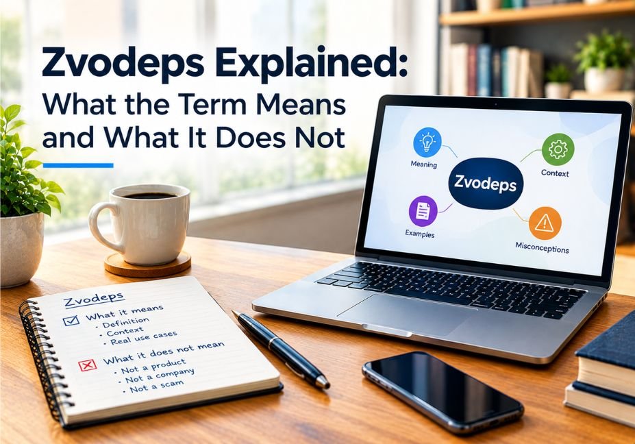 Zvodeps explained featured image showing a laptop with a visual diagram of the term’s meaning, context, examples, and misconceptions, alongside a notebook outlining what Zvodeps means and does not mean.