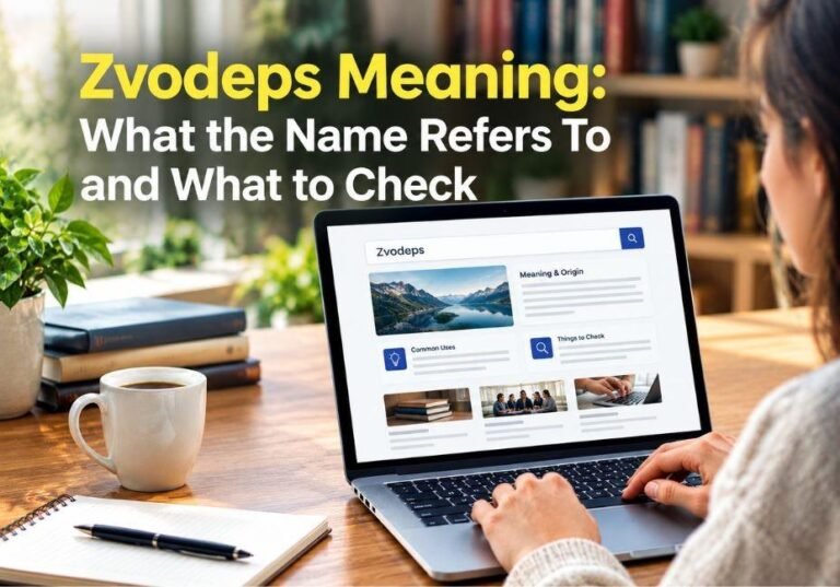 Zvodeps meaning featured image showing a person researching the term Zvodeps on a laptop, with information about its meaning, uses, and key details to check