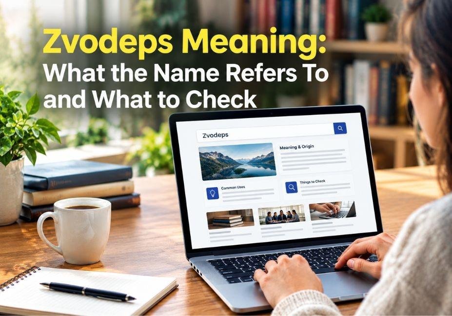 Zvodeps meaning featured image showing a person researching the term Zvodeps on a laptop, with information about its meaning, uses, and key details to check